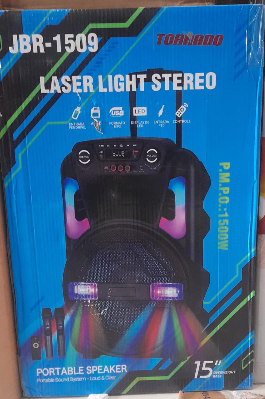 Altavoz portátil tipo trolley Tornado modelo JBR-1509 con luces LED RGB y subwoofer de 15 pulgadas
