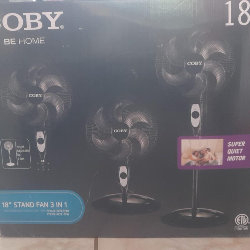 Ventilador de pedestal Coby de 18 pulgadas, modelo 3 en 1, con motor silencioso y altura ajustable
